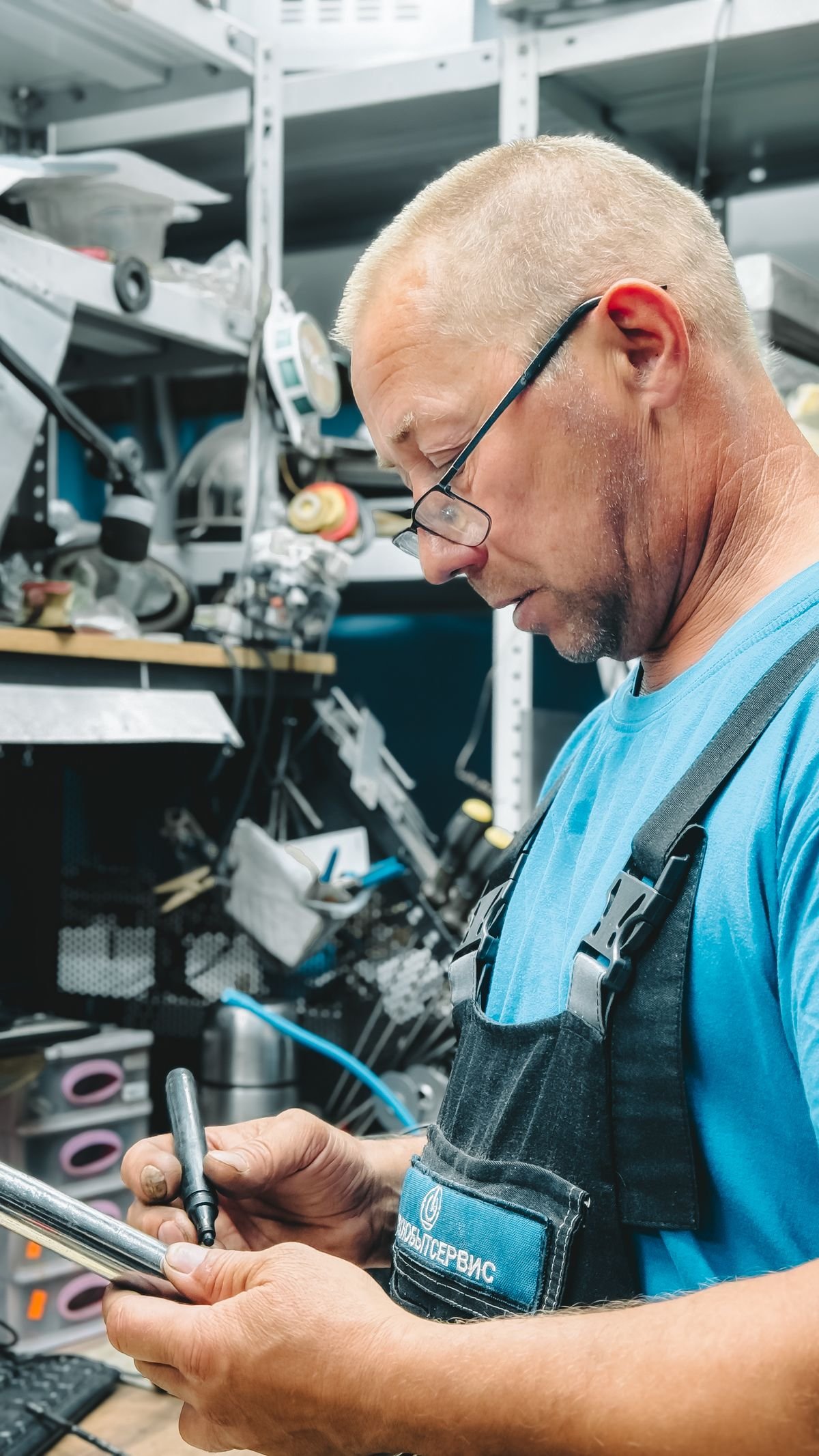Plumbing technician measuring a pipe in his workshop